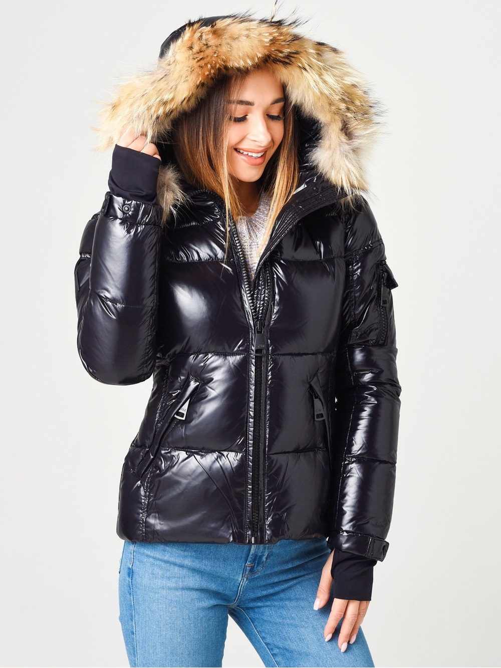 SAM. New York Girl’s Black Shiny Puffer Jacket with Fur-Trim Hood size 14 or 12
